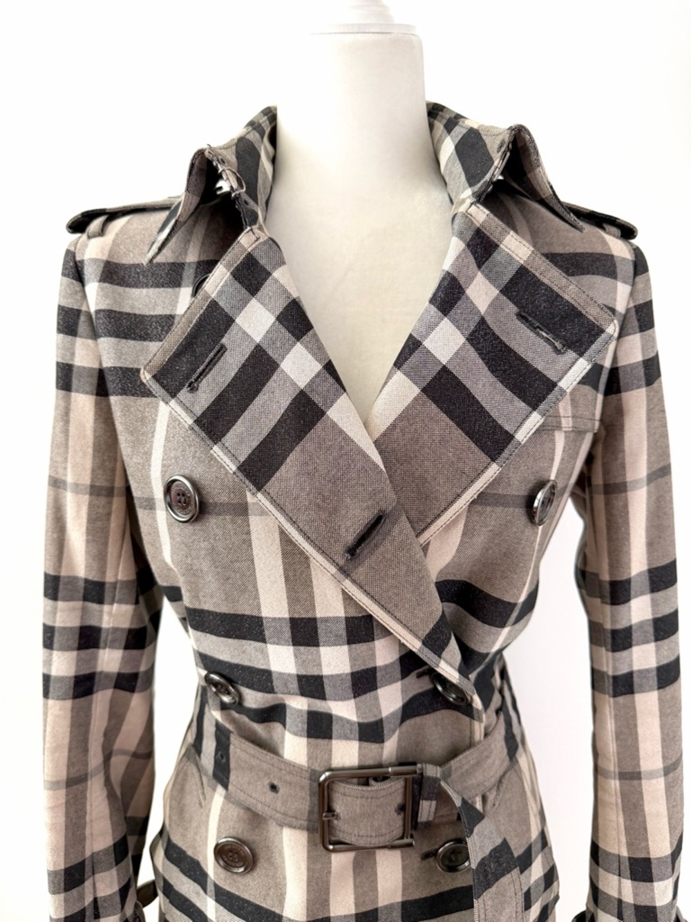 BURBERRY LONDON | Check Plaid Trench Coat Belt Double Breasted Metallic US 8 - Picture 4 of 15